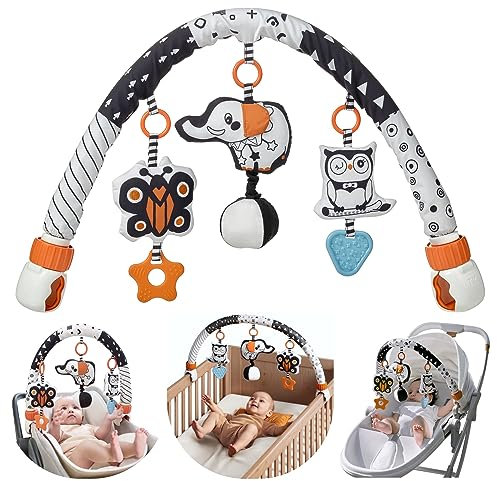 Baby Bogen Spielzeug Kinderwagen für Baby,Clip auf Kinderbett Aktivitätsleiste Musikalische Sinnesauf hängung Krippenbogen Spielzeug,Schwarz Weißes Rassel Spielzeug für Kleinkind 0,3,6,9,12,36 Monate