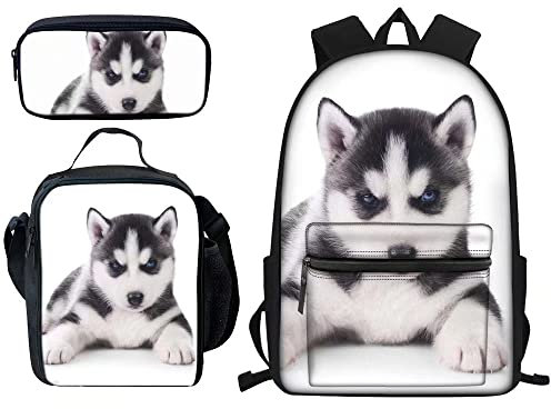 FJAUOQ Rucksäcke Set für Jungen Schultaschen Mittagessen Tasche Federmäppchen für Kinder Büchertasche Alpaka Print, Husky, One size
