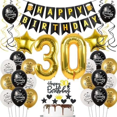Deko 30 Geburtstag Deko Mann Frauen, Luftballon 30. Geburtstag Schwarz Gold, Geburtstagsdeko 30 jahre Mann Luftballon, Tortendeko 30. Männer Geburtstagsdeko 30 jahre für Frau
