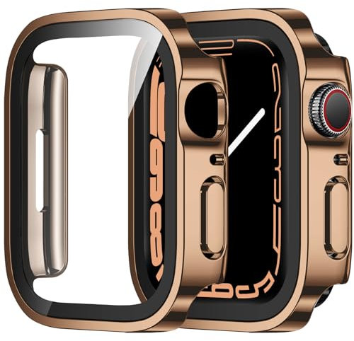 ZZDZZ 2 Piezas Funda Compatible con Apple Watch Series 9 8 7 45mm con Protector de Pantalla Vidrio Templado, HD Ultra Thin PC Dura Estuche Protector para iWatch 45mm (Oro Rosa)