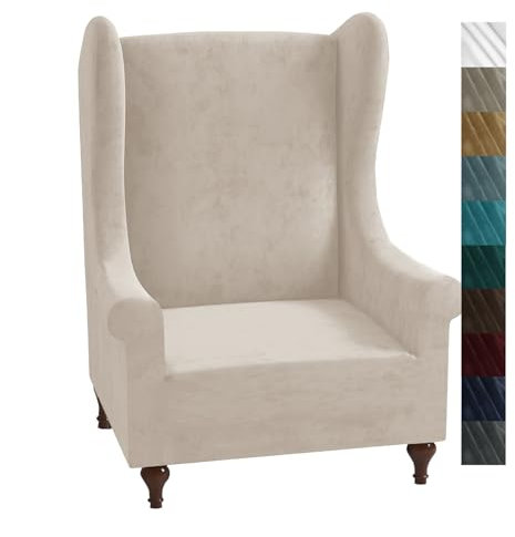 CHELZEN Stretch Velvet Wingback Chair Slipcover Soft Slipcovers for Wingback Chairs Wing Chair Cover with Elastic Bottom (Wing Chair, Khaki)