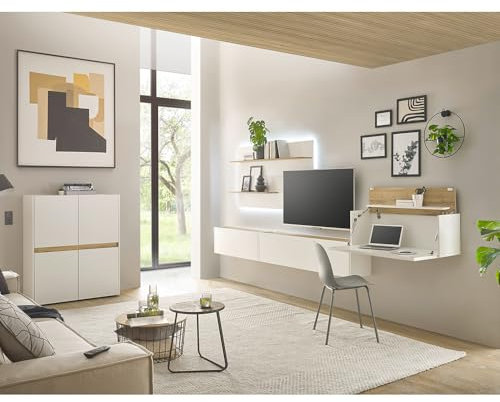 Lomadox Wohnzimmer Set mit Homeoffice-Lösung weiß mit Eiche 5-teilig modern, 1 Highboard, 1 Wandpaneel mit Beleuchtung, 1 TV-Hängeschrank, 1 Hängeschrank, 1 Hängesekretär