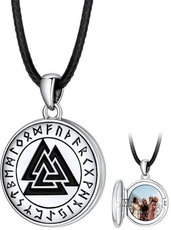 Engraved Photo Locket Necklace, Viking Jewellery Men's Valknut Symbol Charm Leather Cord Chain for Father Husband