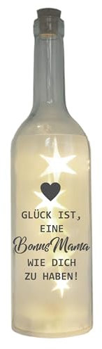 WB wohn trends LED-Flasche mit Motiv, Glück ist eine Bonus-Mama wie Dich zu haben, grau, 29cm, Flaschen-Licht Glitzer-Flasche Leuchtflasche Lampe mit Text Spruch