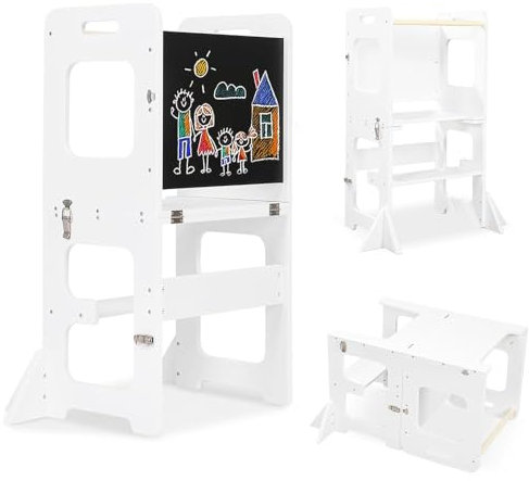 Labebe Lernturm für Kinder, Montessori Faltbarer Lernturm mit Tafel, Multifunktion 3 in 1 Learning Tower, Höchste Sicherheit lernturm ab 18 Monate für Küche Tisch Bad Lernstuhl Lerntower(Weiß)
