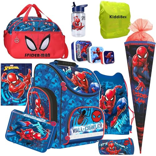 KiddiBex Spiderman Schulranzen Set 12-TLG. - Schultasche Jungen 1. Klasse - Grundschule Ranzen - Ergonomischer Schulrucksack
