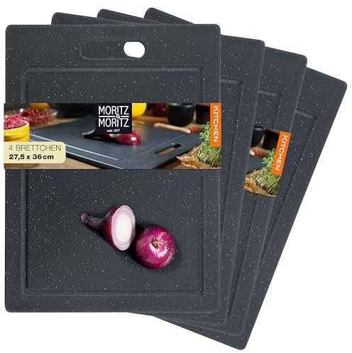 Moritz & Moritz 4x Schneidebretter Kunststoff - 36 x 27,5 cm - Schneidebretter BPA frei - Küchenbretter Granitoptik - Cutting Board mit Antirutschfüßen, Eingriffsöffnung - Schneidebrett mit Saftrille