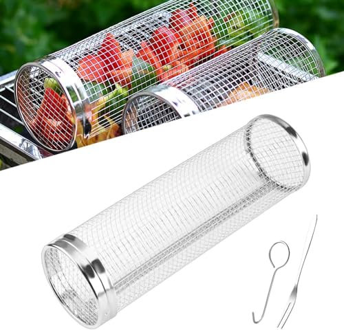 Rolling Grill Basket, Grill Nets for Outdoor Grill Vegetable, Barbecue Stainless Steel Wire Mesh Cylinder, Grill Baskets for Outdoor Grill, Veggie Grill Basket (L)