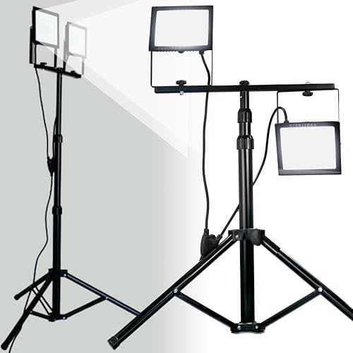 ELETTROWATT Doppio Faretto Led da Cantiere 100W 9000LM - Doppio Proiettore Led 2x50W su Treppiede Telescopico Nero, Impermeabile IP44 - Proiettore da Lavoro, Faro da Cantiere, Lampada da Costruzione