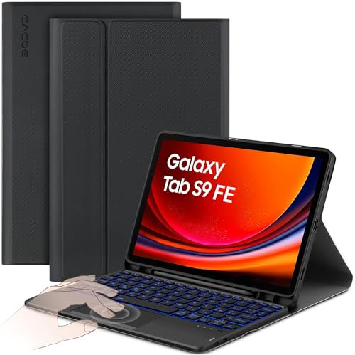 CACOE Coque avec Clavier Compatible avec Samsung Galaxy Tab S9 FE 10.9/S9 11 2023 avec pavé Tactile, étui avec Porte-Stylo Clavier QWERTY sans Fil Amovible avec éclairage à 7 Couleurs, Noir