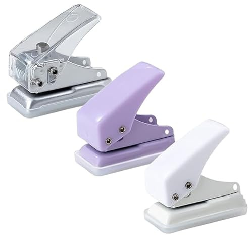 GIONAR 3 Pcs Single Hole Punch, Mini Hole Punch, Hole Puncher for Crafts, Punch 10 Sheets at a Time, With Paper Scrap Collection Trough(White&Purple&Transparent)