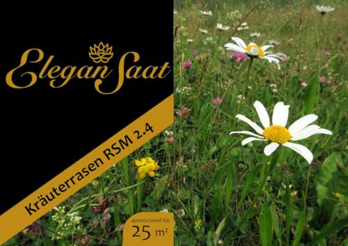 EleganSaat Kräuterrasen Saatgut (RSM 2.4) - niedriger und trittfester Rasen mit 20 Wildblumen-Arten, 83% Gräser - 17% Wildkräuter, für 25m²