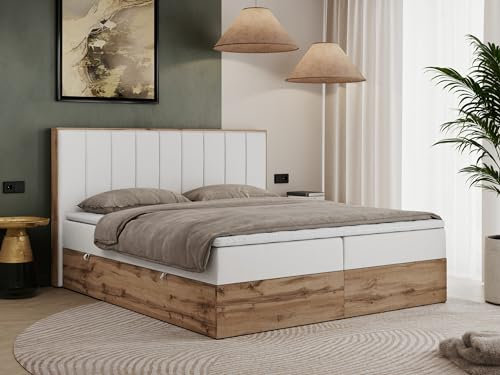 MKS MEBLE Boxspringbett 180x200 Mit Bettkasten Eiche, Polsterbett Mit Matratze H3, Kopfteil, Holzrahmen in Wotan Eiche - Weiß Kunstleder - Bellissimo