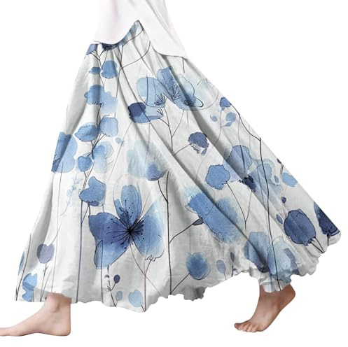 Damen Röcke Lang,Elegant Strandrock Bunt Blumendruck Schickes Plisseerock Vintage A-Line Swing Freizeitrock Leicht Und Luftig Knielang Midirock Komfortabler Stretch Sommerrock 2024