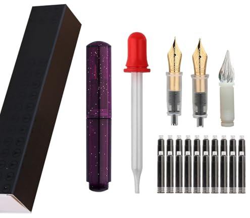 SIPLIV Majohn Wancai Mini Fountain Pen Pocket-Size Travel Pen Iridium Fine Nib Fountain Pen with 3 Pen Nibs, Short Size Eyedropper and 20 Black Ink Cartridges - Starry Purple