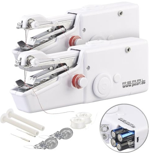 PEARL Minihandnähmaschine: 2er-Set Mini-Handnähmaschinen (Handnähmaschine ohne Unterfaden, Haushaltsnähmaschine, Werkzeug)