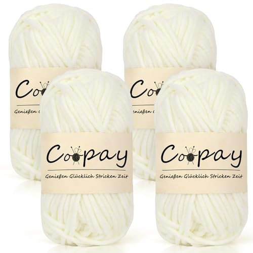 Coopay Chenille Chunky Wolle zum Häkeln Dickes Garn, 4 x 50g Dicke Wolle zum Stricken, Super Flauschig Weiches Wolle für Babydecke, Grobes Chenille-Garn für Hüte, Schals, Socken - Milchig Weiß