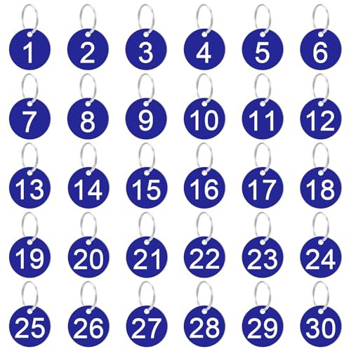 TIESOME 30 Pack 1-30 Kunststoff Zahlen Tags mit Schlüsselringen, Rond Nummer Tags garderobenmarken Eintrittskarten Nummerierte Schlüsselanhänger Tags für Wohnheimschlüssel Haus Schließfächer (Blau)