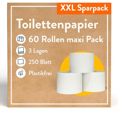 60 Rollen Toilettenpapier 3-lagig – 250 Blatt pro Rolle – Plastikfrei - Toilettenpapier B-Ware – Vorratspackung