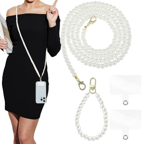 HJZHII Lot de 2 cordon telephone portable, avec perles Mains libres Anti perte Amovible Avec 2 coussinets d'attache pour appareil photo et sac à bandoulière, blanc, 129cm/50.78in