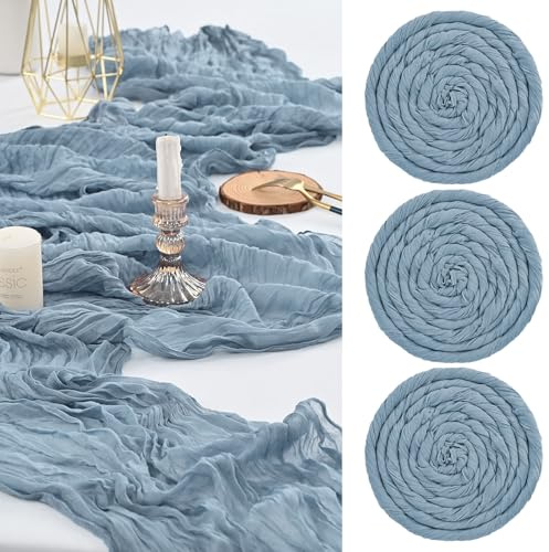 FXKS 3 Stück Staubiges Blau Tischläufer,55 x 300 cm Cheesecloth Tischläufer | Rustikaler Gaze Stoff Boho Tischläufer Käsetuch Hochzeit Tischdecke für Hochzeit Brautparty Bankett Dekoration