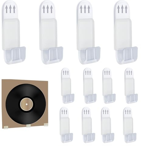 HotoPink 12pcs Vinyl Record Hangers, Self-Adhesive Display Clear Acrylic Hooks, Clear Vinyl Record Display for Single Music Lp Album Cover CD Card Collection Magazine Home Office Storage Decoration