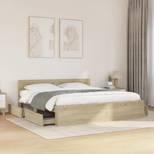 HUAKEHOM Bettgestell mit Kopfteil Bettrahmen mit Lattenrost Doppelbett Schlafzimmerbett mit Stauraum Sonoma-Eiche 200x200 cm Holzwerkstoff