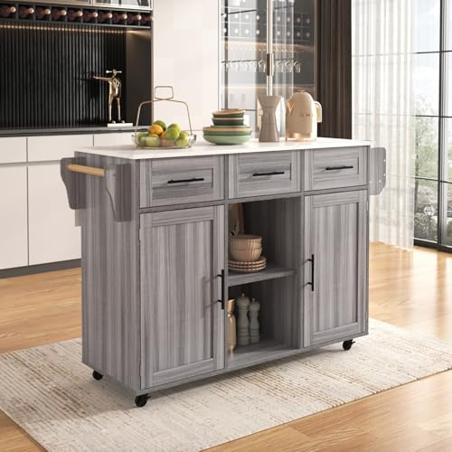 Küchenschrank mit Klappbarer Arbeitsplatte, Kücheninsel freistehend auf Rollen, Anrichte mit 3 Türen und 2 Schubladen, Buffetschrank Servierwagen für Esszimmer, Küche, Grau, 139x46(71) x91.5 cm (Grau)