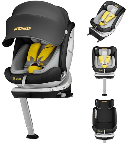 DEWINNER Sillas de Coche ISOFIX,I-Size 40-150 cm (0-36 kg),Silla Coche Bebé Grupo 0+/1/2/3, 5 Puntos Sillas de Coche Giratoria 360, RWF, FWF, Ajustable,Techo Anti-UV y Pata de Apoyo, ECER129 - Negro