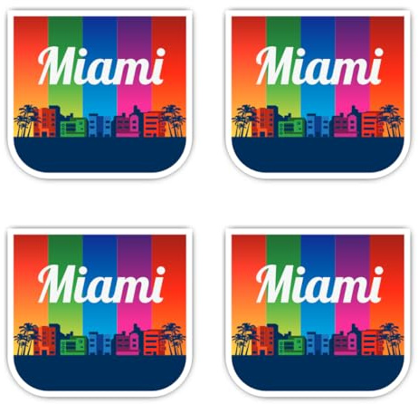Aufkleber: 75 mm, 4 Stück - Miami Aufkleber Set Vinyl Bunt Skyline Palmen Retro Quadrat 75 mm 4er Pack Wasserfest