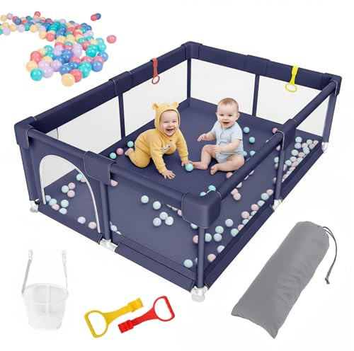Laufstall Baby Laufgitter Oxford Gewebe, Laufstall für Kinder, Babyspielplatz für Wohnung, mit weichem atmungsaktivem Netz, mit 4 unteren Saugnäpfen und Reißverschlusstür,Dark blue,150x200x60cm