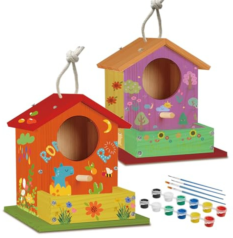 Bird House Kits for Kids Ages 4-8, Wooden DIY Birdhouse Kit, Outdoor Woodworking Crafts Freestyle Painting, Bird Houses for Outside with Paints & Brushes, Boy Girl Gift Christmas (2Pcs)