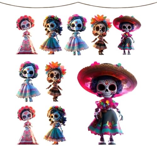 10 Stück Dia De Muertos Deko, Halloween Day of The Dead Anhänger Aus Acryl Mit Schnur, 2D Flach Hängende Gruselige Puppe Ornament Für Partys Drinnen, Draußen Und Dekoration