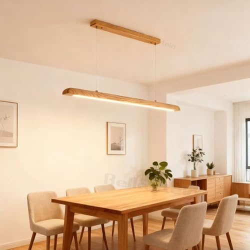 LED Pendelleuchte esstisch holz Dimmbar, LED Pendellampe mit Fernbedienung Linear Design Hängeleuchte Esstisch lampe, Moderne Hängelampe Höhenverstellbare für Esszimmer Büro Küche (Holz, 90)