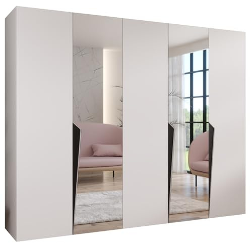 MEBLE KRYSPOL - Kleiderschrank - Garderobenschrank - 250 cm x 202 x 52 cm - Schrank mit Kleiderstange und Spiegel, 5 Türen - für Schlafzimmer, Flur - Piano, Weiß, Griff Schwarz