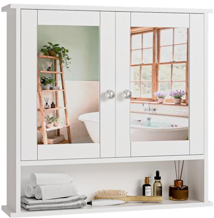 Bonnlo Bathroom Mirror Cabinets, Bathroom Wall Cabinet with Double Mirror Doors & Adjustable Shelf, Double Door Cupboard Mirrored Wall Mounted Storage for Bathroom, Kitchen, White, 56 x 13 x 58 cm