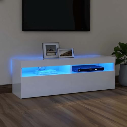 Meuble TV Blanc avec Lumières LED RVB Support de Console Multimédia 120 Cm Centre de Divertissement en Bois D'ingénierie avec étagères pour Lecteur DVD TV (Blanc Brillant #04)