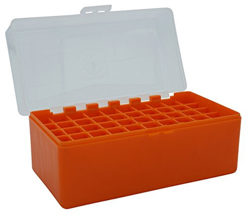 Waffenpflegewelt WPW Patronenbox aus robustem Kunstoff mit Klappdeckel für Kaliber .243, Kaliber .300, Kaliber .308 Win Magnum - 50 Patronen orange