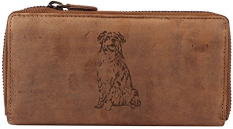 Greenburry Frauengeldbeutel Ledergeldbörse mit Hunde Motiv Australian Shepherd