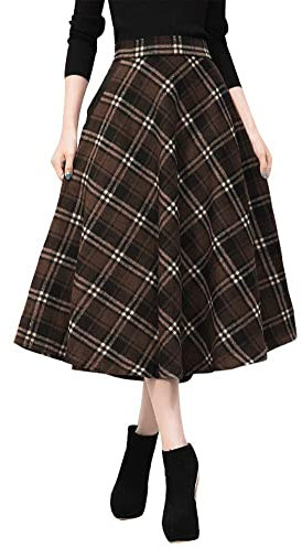 IDEALSANXUN Damen s hohe elastische Taillen-Maxi-Rock-A-Linie Plaid Winter warme Flare langer Rock X-Large Waden Kaffee