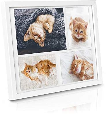 BOMOE Galeria Multi Cadre Photo pour 4 Photos (1x 15x21, 3x 10x15 cm) – Cadre Photo en Bois & Verre Plastique avec Suspension Métallique, Pied de Support & Passepartout – Décoration Murale – Blanc