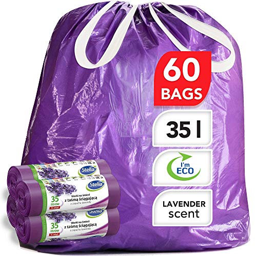 Stella pack Bolsas Basura 35l 60 Unidades Ecológicas Reciclables Resistentes Cierre con Cordón Color Púrpura Aroma Lavanda Fabricadas con Plástico Reciclado 100