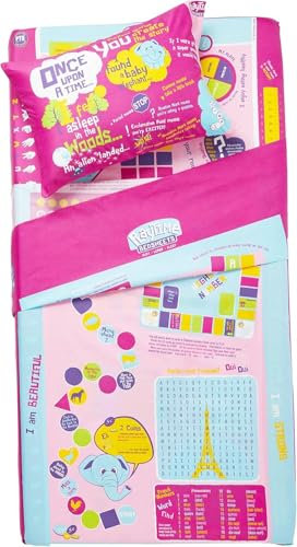 playtime edventures - Playtime Bettwäsche-Set für Mädchen – 3-teiliges Spiellaken – weiche, atmungsaktive und lichtbeständige Mikrofaser-Bettlaken – über 65 lustige Spiele und Puzzles – rosa