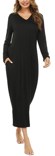 Sykooria Women's Long Nightgown Cotton Baggy Nightdress Plus Size Nightshirt Long Sleeve V Neck Sleep Dress Casual Sleepwear With Pockets(Black,XL)