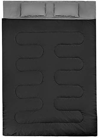 GYMAX 2 in 1 Doppelschlafsack, Deckenschlafsack mit 2 Kissen & Tragetasche, Schlafsack 2 Personen, leichtgewichtig & wasserabweisend, 0°C bis 15°C, für Camping, Wandern, Reisen (Schwarz + Grau)