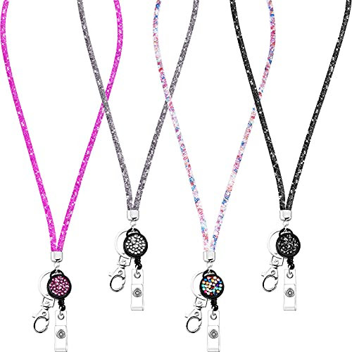 4 Stücke Kristall Lanyard Halskette mit Einziehbarem Abzeichenhalter und Schlüsselring, Bling Strass Kristall Lanyard Riemen (Schwarz, Grau, Mehrfarbig, Rose Rosa)