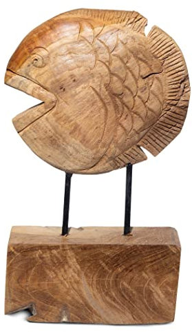 Fisch Deko Bad Badezimmer-Deko Skulptur Teakholz 29cm groß Dekorfigur Holzfisch Sockel Natur Holz