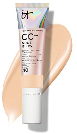 IT Cosmetics CC+ Nude Glow (Light) - Medium Coverage Foundation with SPF 40 & Brightening Glow Serum, Lightweight Skin Tint, 2% Niacinamide + Hyaluronic Acid, Up to 24H Hydration - 1.08 fl oz