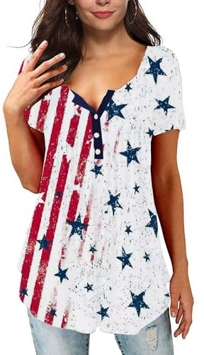 Roshop Women's Shirts and Blouses Short Sleeve Button Up Tunic Tops, Flag 3, Large