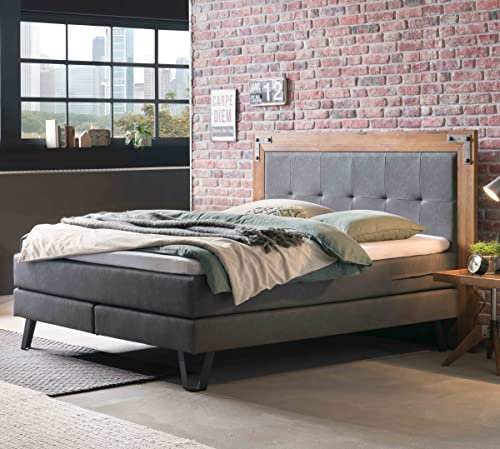 Hasena Boxspringbett Oakland Wildeiche|Kunstleder Smoke Größe 140x200 cm Base Topper (fest)